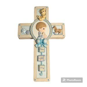 Vintage Baby Boy Cross Jesus Loves Me Precious Moments 8 x 5" Teddy Bear Blue